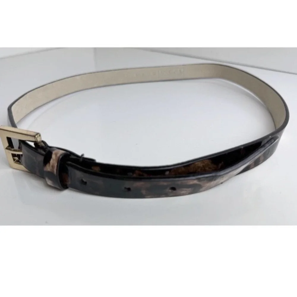 WCM Leopard Print Patent Leather Lined Belt Gold Buckle Brown Black M Chic 47-69